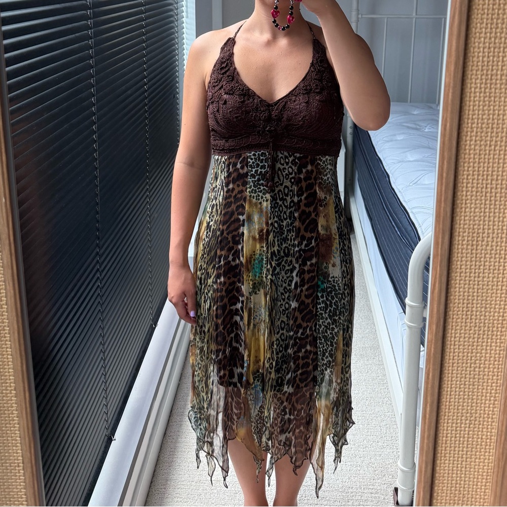 Sue Wong Chocolate Brown and Green Animal Print Halter Dress